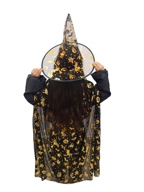 BookMyCostume Golden and Black Witch Cape with Hat - Witch Costume for Girls with Printed witch Pumkin Design and Pumpkin Basket Combo | Halloween Costume for Girls
